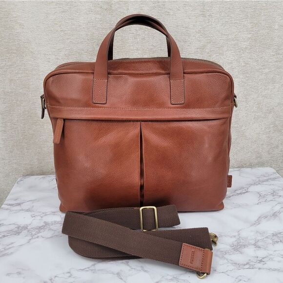 Fossil Leather Brief Workbag Cognac Breifcase Bag - Picture 1 of 16